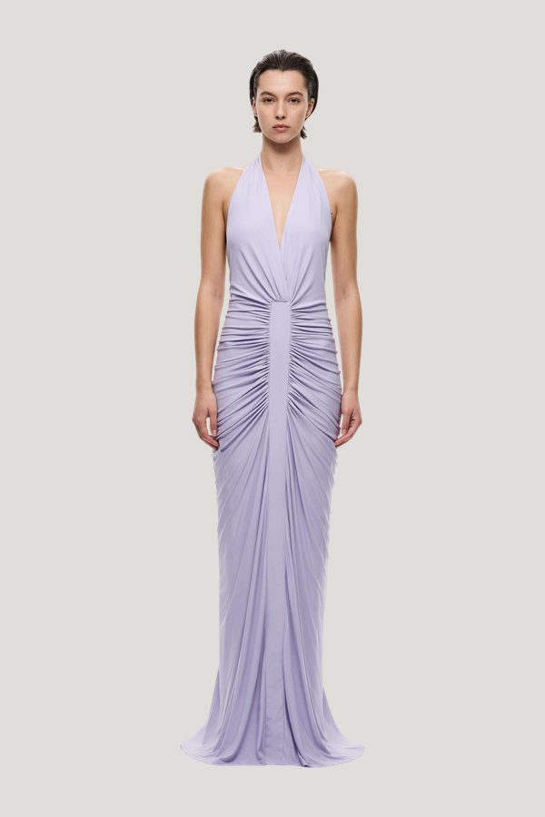 The Venus Gathered Cupro Dress — model front