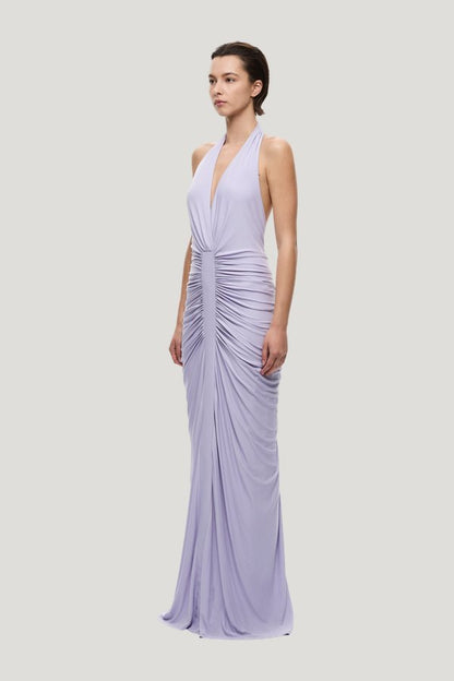 The Venus Gathered Cupro Dress — model side