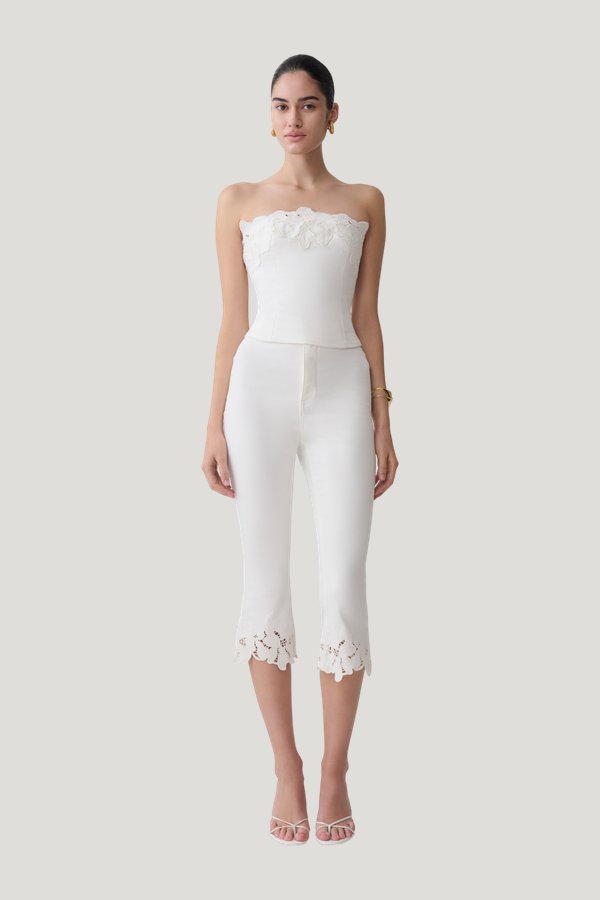 Tillie Flower Embroidery Denim Capris — model front