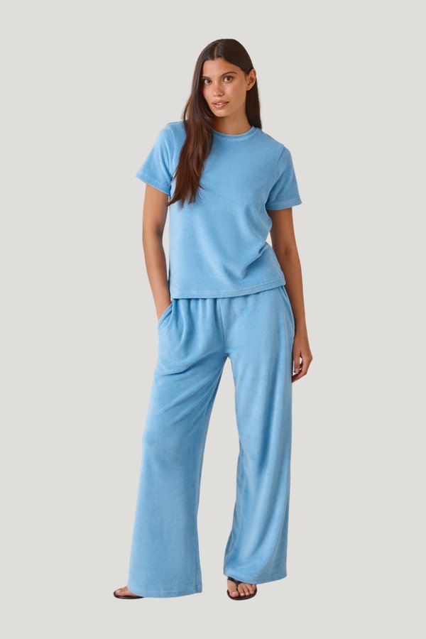 Towelling High Waist Trousers - Aqua — model front