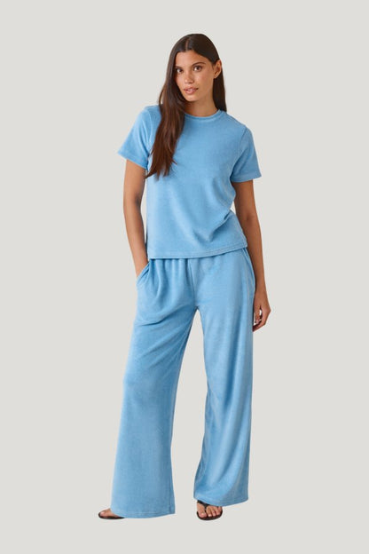 Towelling High Waist Trousers - Aqua — model front