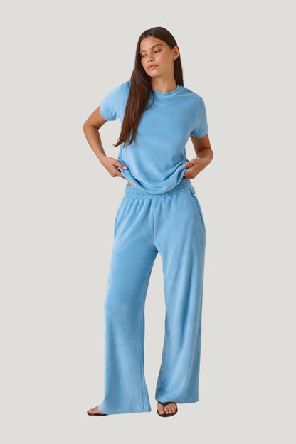 Towelling High Waist Trousers - Aqua — model side