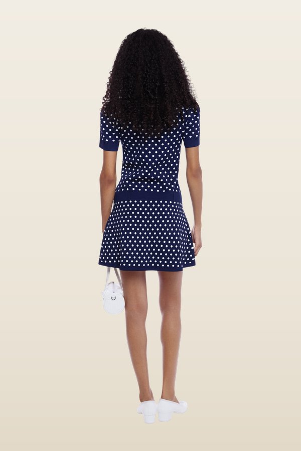 Tumi Sweater Dress In Navy White Polka Dot — model back