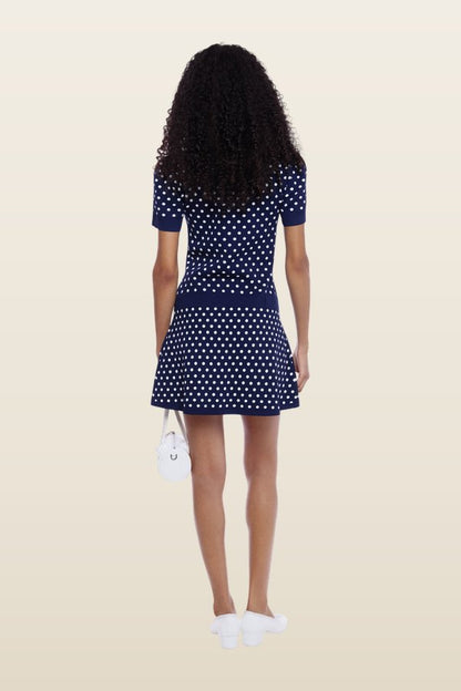 Tumi Sweater Dress In Navy White Polka Dot — model back