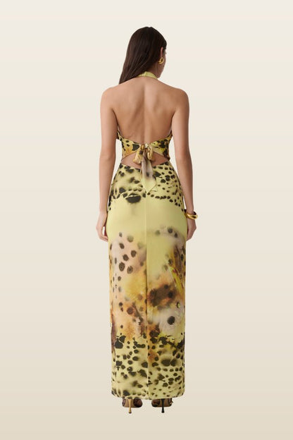 Valentina Chiffon Halter Maxi Dress - Yellow Floral Leopard Print — model back