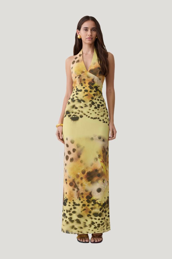 Valentina Chiffon Halter Maxi Dress - Yellow Floral Leopard Print — model front