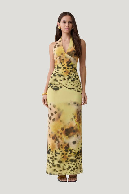 Valentina Chiffon Halter Maxi Dress - Yellow Floral Leopard Print — model front