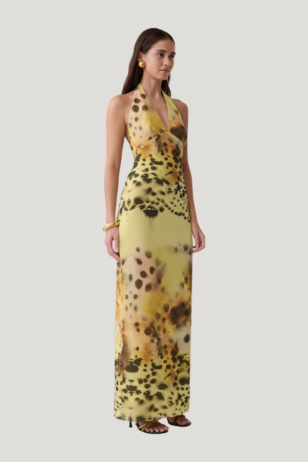 Valentina Chiffon Halter Maxi Dress - Yellow Floral Leopard Print — model side