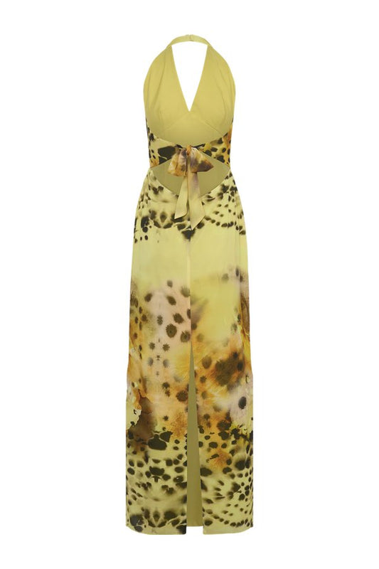 Valentina Chiffon Halter Maxi Dress - Yellow Floral Leopard Print — packshot
