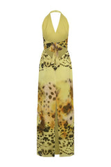 Valentina Chiffon Halter Maxi Dress - Yellow Floral Leopard Print — packshot