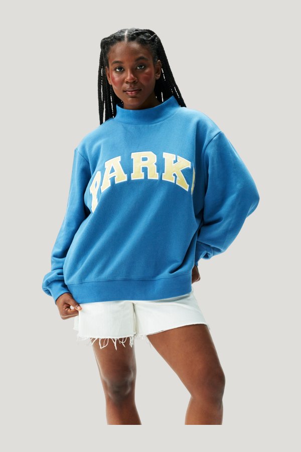 Varsity Mockneck - Washed Indigo + Peel — model front