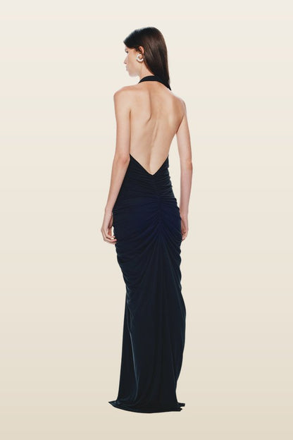 The Venus Gathered Cupro Dress — model back