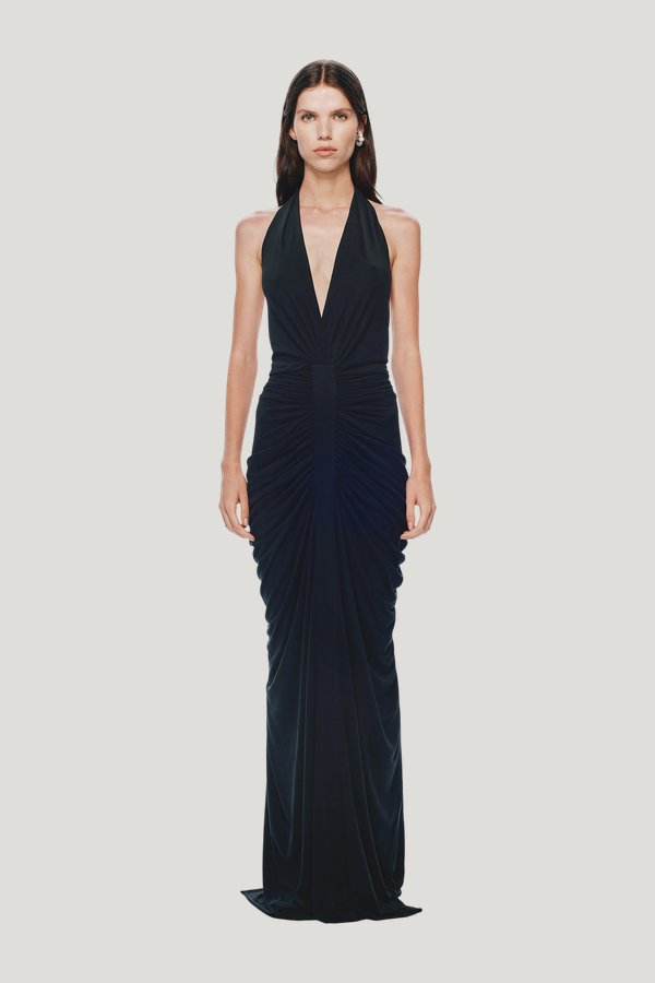 The Venus Gathered Cupro Dress — model front