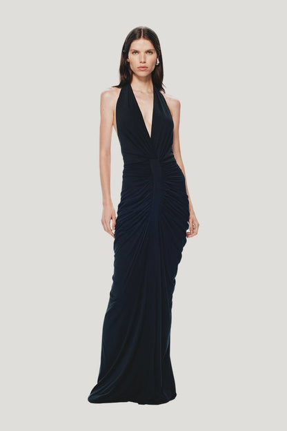 The Venus Gathered Cupro Dress — model side