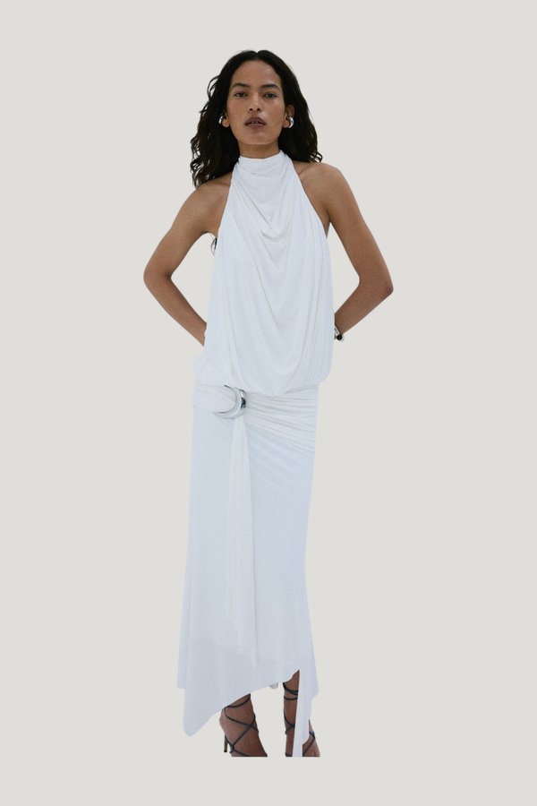 Vida Midi Dress In Ivory Spandex Jersey — model front