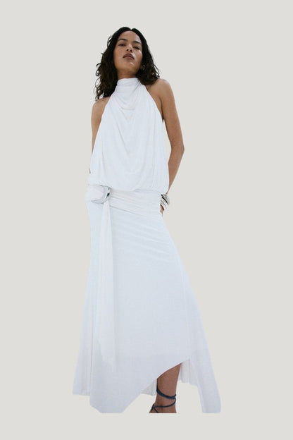 Vida Midi Dress In Ivory Spandex Jersey — model side